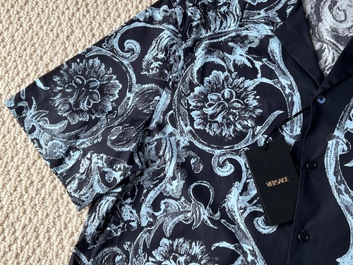 NWT Versace Barocco Stencil Logo Navy Button Down Camp Shirt Sz 48 US 15.5 $1450 - Picture 11 of 24