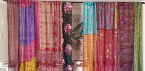 2 Pcs Indian Sari Patchwork Curtain Drape Window Decor Multi Silk Sari Curtain - Picture 2 of 5