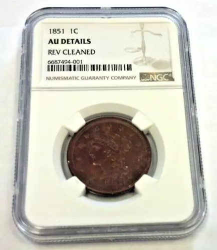 1851 LARGE CENT NGC AU DETAILS REVERSE CLEANED (2510)
