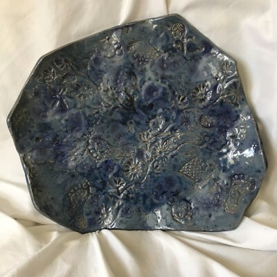 Studio  Art Pottery Abstract  Designed Dish With Tiny Footprints & Flowers Blues