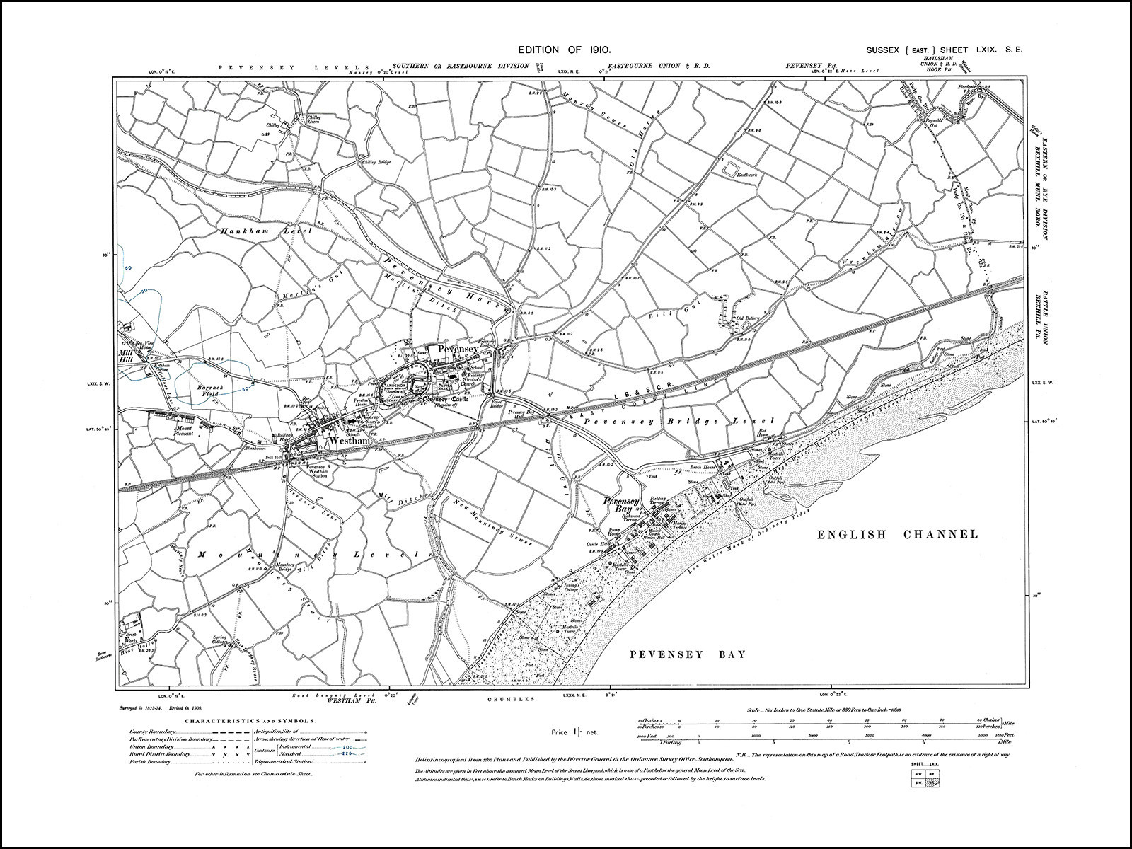Pevensey, Westham, Pevensey Bay, old map Sussex 1910 69SE repro eBay