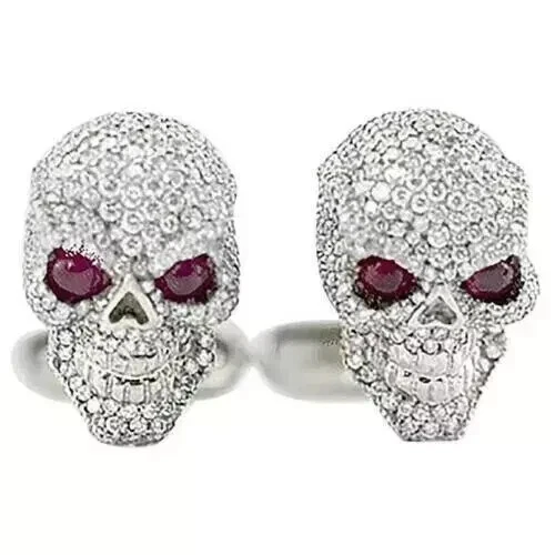 Men's Skull Face Cufflink Lab Created Diamond 2 Carat White Gold Plated - Image 4 of 4