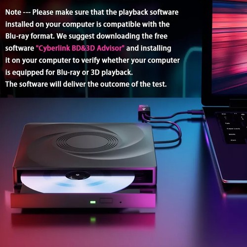 External Blu ray Drive, CD/DVD Drive for Laptop PC, Bluray Player Burner USB 3iL - Afbeelding 3 van 10