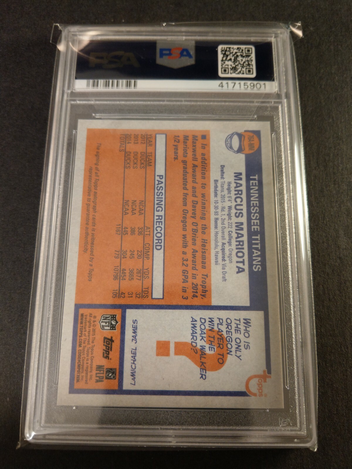 2015 Topps Football Marcus Mariota #76AMM 1976  5/25  Auto PSA 10 Gem Mint POP 1 view 3