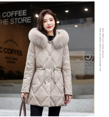 Mid Long Hooded Jacket Women's 90% White Duck Down Fox Fur Collar