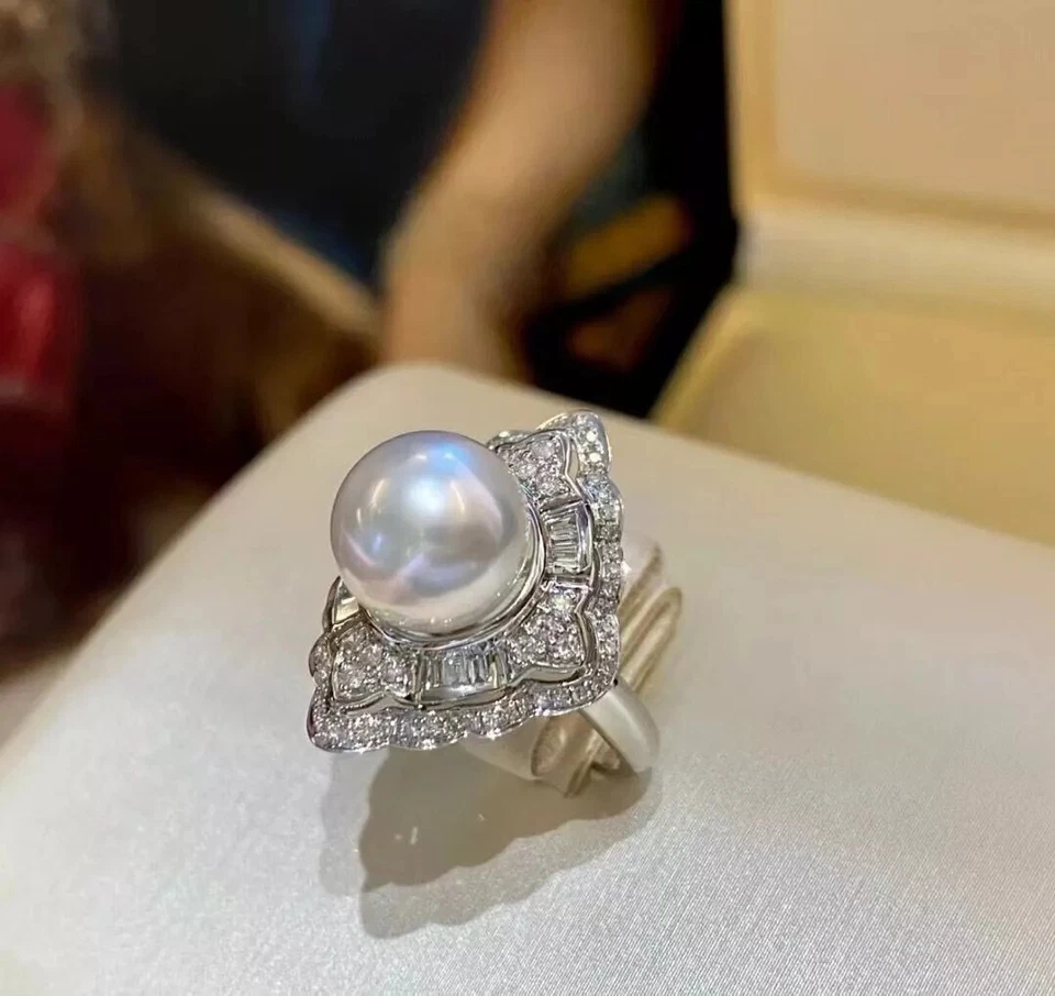 Anillo de perlas redondas blancas 925S de diseñador ENORME AAA+10-11mm Mar del Sur Foto 2 de 3