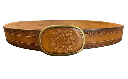 American Eagle Outfitters Genuine Leather Tan Belt with Floral Metal Details AEO American Eagle Leather Belt Brown Floral Cutout Size  main image 3