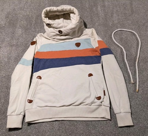 Wanakome Hoodie Womens Medium Sweater Sweatshirt Oatmeal Striped Blue Orange