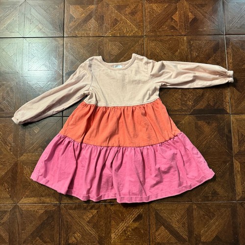 Hanna Andersson Colorblock Tiered Cotton Dress Pink Coral Beige Long Sleeve
