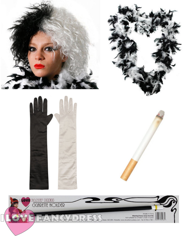 5 PC CRUELLA KIT WIG GLOVES FEATHER BOA FAKE CIGARETTE & HOLDER FANCY DRESS  SET