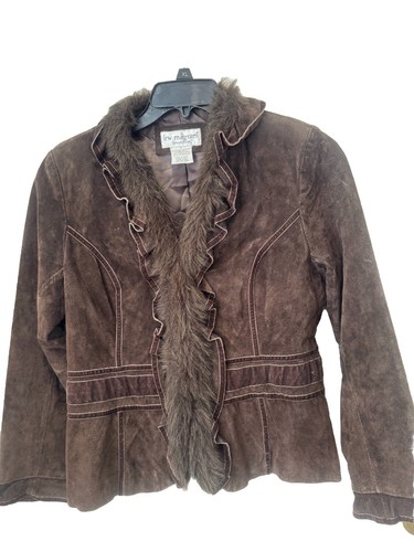 Vintage Lew Magram Leder Wildleder Jacke Damen Kunstfellbesatz Y2K 90er Rüschen Medium