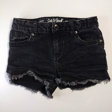 Cat Jack Girls Shorts Sz S 6/7 Black Denim Stretch Adj Waist Cut-Off 5 Pocket