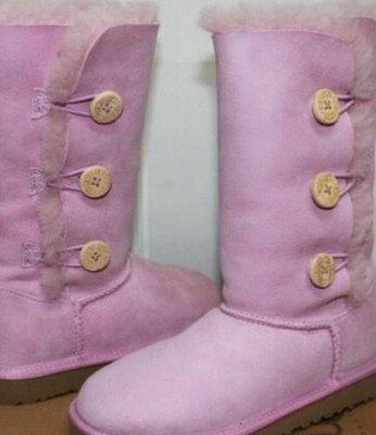UGG Girls Pink Mid-Calf Button Fur Lined Snow Boots Suede Rubber Sole