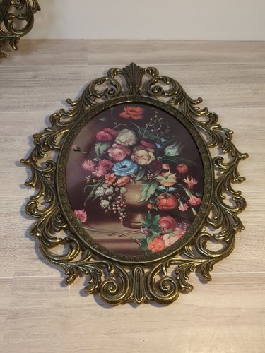 Juego de impresiones de flores vintage de latón ornamentado ovalado convexo enmarcado 10x13" - Imagen 3 de 11