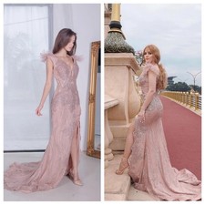 Portia and Scarlett Pink Glitter Feather Plunge Gala Gown Train 6 PS6072