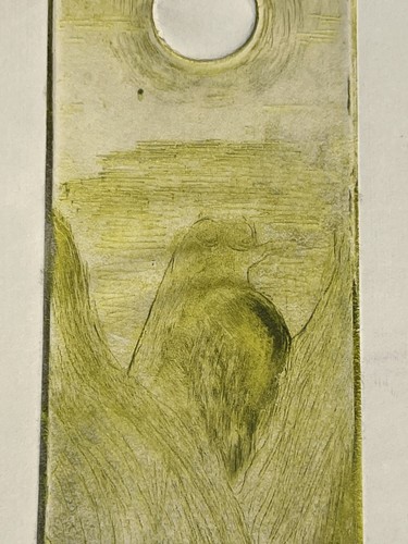 Surreal Woodblock Print Of Bird Under Circle 16x7” Yellow Art - Picture 4 of 10