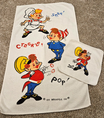 Vintage 1972 Kellogg's Rice Krispies Snap, Crackle, Pop Towel & Washcloth - NICE