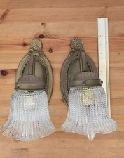 Two brass plated sconces glass shades reproductions