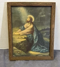 Jesus in the Garden of Gethsemane Framed Under Glass Old Vintage Frame 8x10
