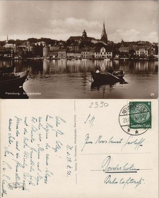 Postcard Flensburg inland port and rowers 1933