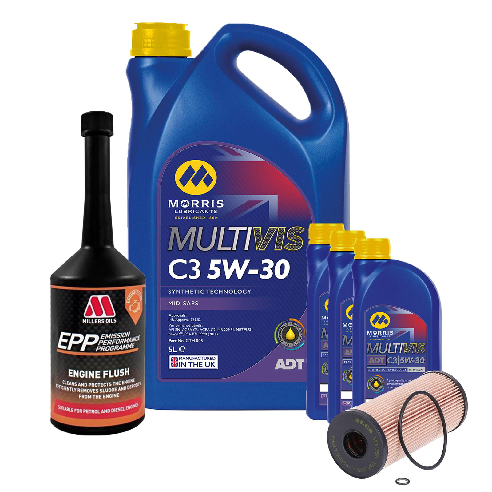 5w30 Fully Synthetic Engine Oil ACEA C3 dexos2 8L + Oil Filter + Engine Flush