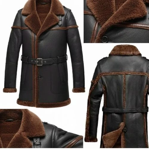 Men's Real Leather Shearling Trench Coat:Black Sheepskin Winter Jacket with Fur - Image 4 of 4