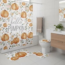 4 Pcs Thanksgiving Bathroom Set Hello Pumpkin 71×71 Inches Shower Thanksgivin...
