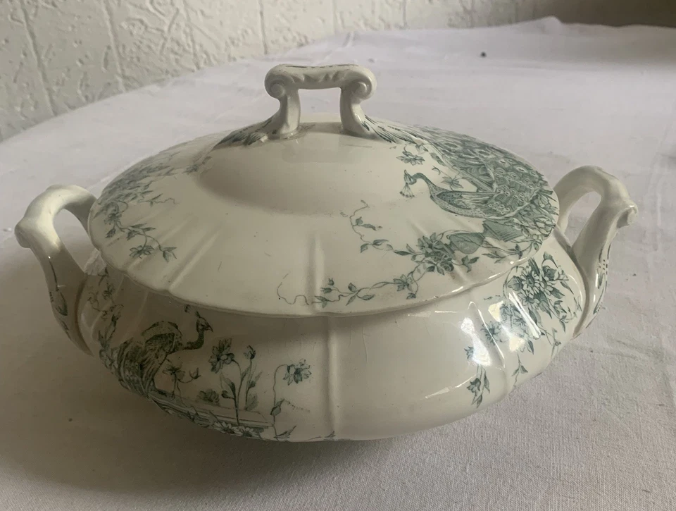 soupière ancienne en Gien Terre De Fer Decor Oiseaux De Paradis Modele Junon - Photo 3/4