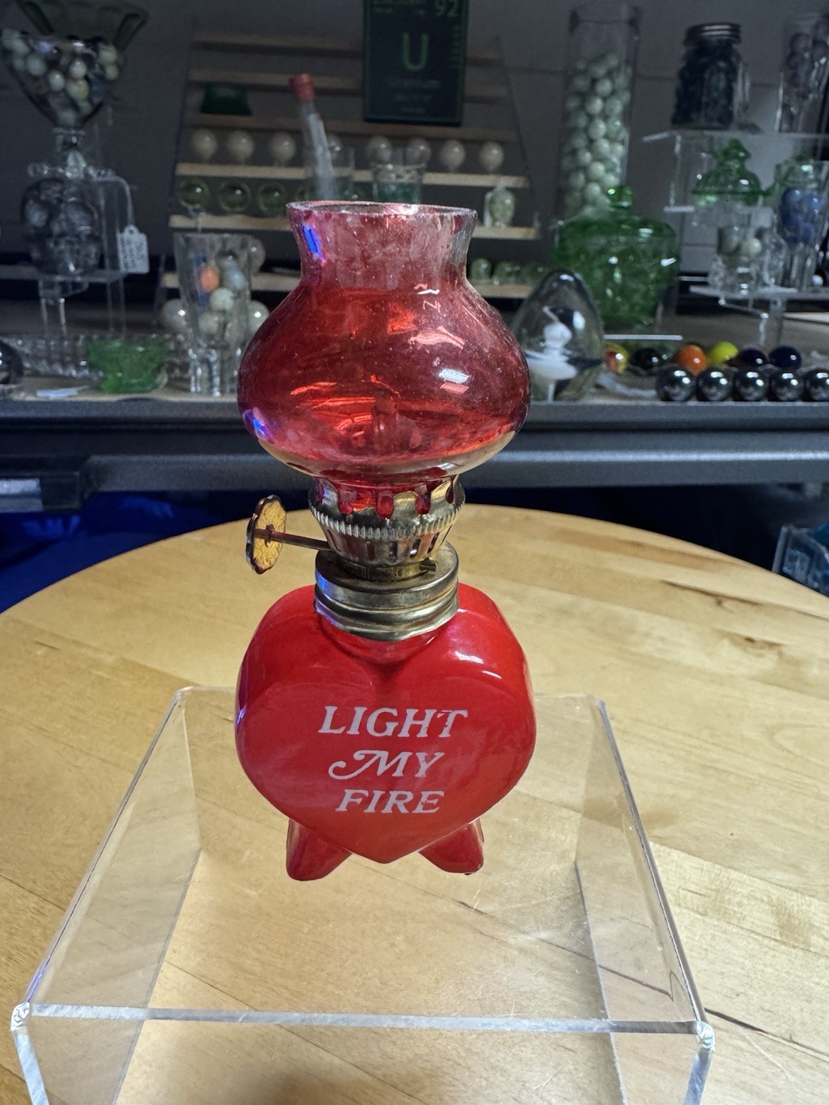 5206 Antique 1875-1925 Hong Kong”LIGHT MY FIRE” Glass Oil Kerosene Lamp