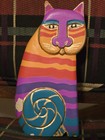 Laurel Burch (Chipped) Hand Painted Wooden 8 In. Tall Rainbow Cat Figurine