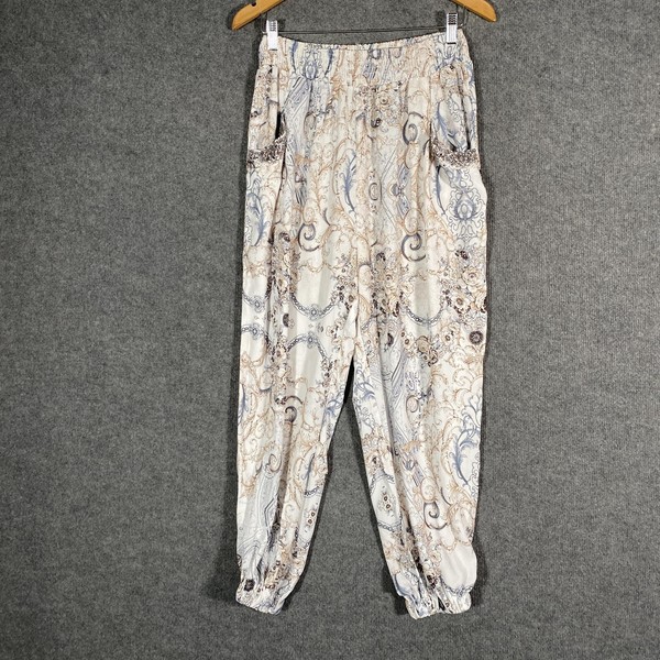 Vine Apparel Pants Womens 10 Beige Floral Harem Rhinestones Boho Travel Summer