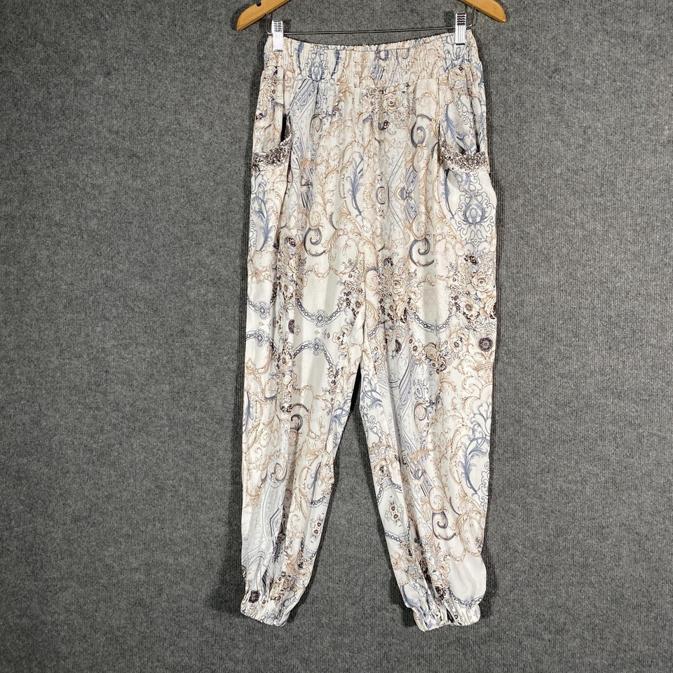 Vine Apparel Pants Womens 10 Beige Floral Harem Rhinestones Boho Travel Summer