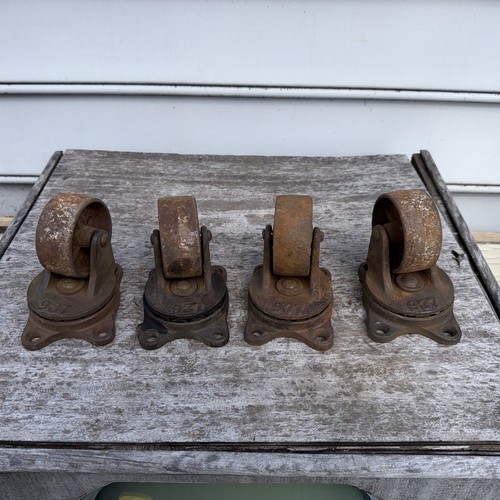 4 Vintage Cast Iron Swivel Wheels Casters Size 3”. No. 937 Rusty Nice, Working.