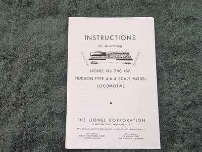 LIONEL 700 KW INSTRUCTION FOR ASSEMBLING HUDSON-TYPE 4-6-4 LOCOMOTIVE ORIGINAL