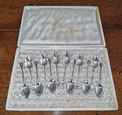 Rare Cased Set of 12 French Silver Plate Coffee Spoons PEMAJ Vintage Demitasse - Image 1 of 4