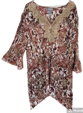 Catherine’s Womens Blouse 2X Tunic Top Crochet V Neck Pleats Brown Floral Flowy