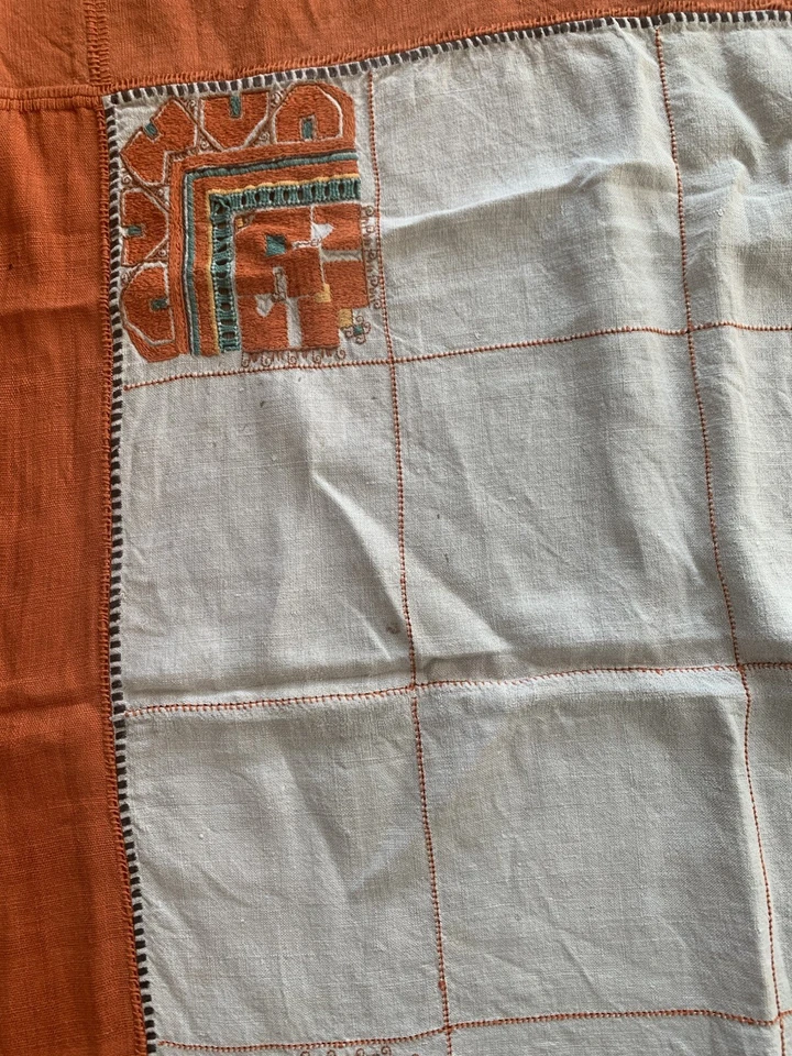 Antique 1910 1920s Art Deco Natural Linen Hand Embroidered Tablecloth 1m Square - Image 3 of 4
