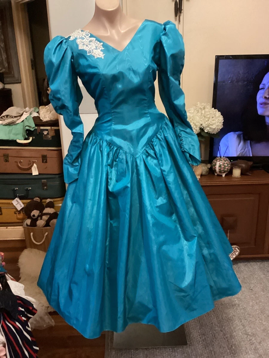 Genuine Vintage 80 s Turquoise Blue Taffeta Dress Evening Gown 8