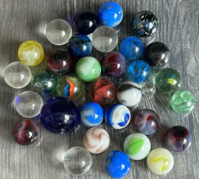 Vintage GLASS MARBLES 33pc Lot Mix Multi Color .25'' to 1.25'' Most 1inch Diameter