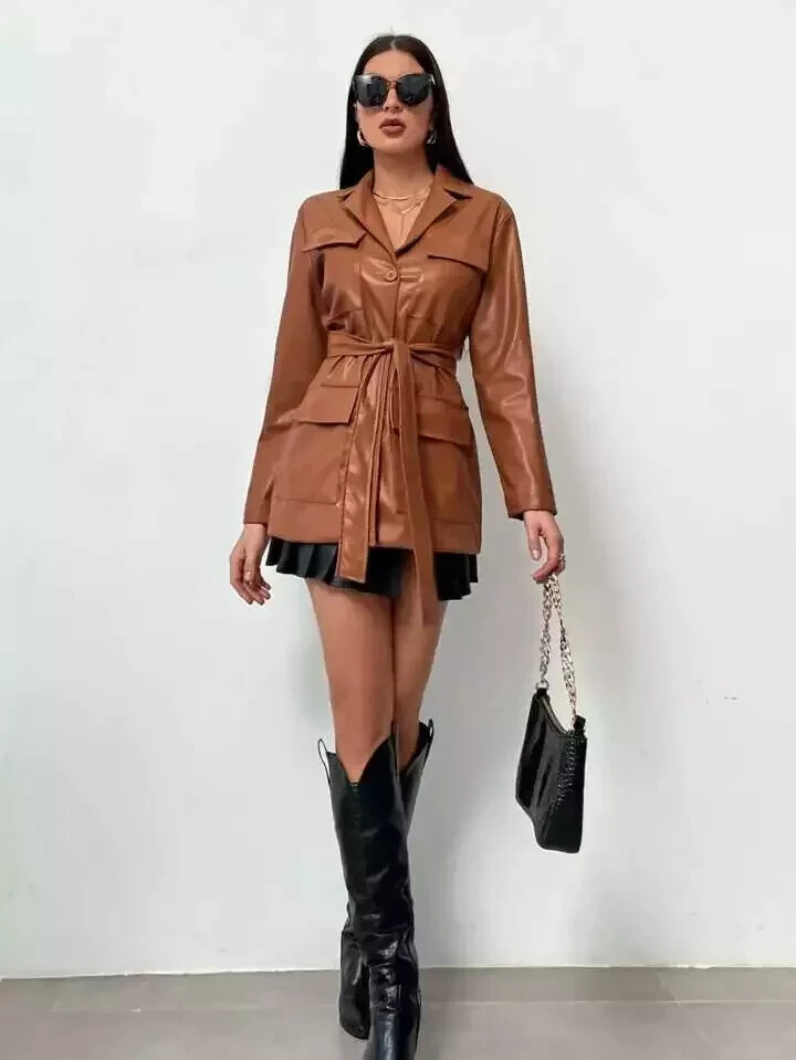 Stylish Brown Lambskin Leather Trench Coat for Women Winter Party Wear-image