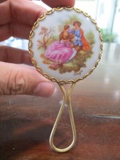 Limoges artist signed Fragonard painted enamel  porcelain vintage brass mirror