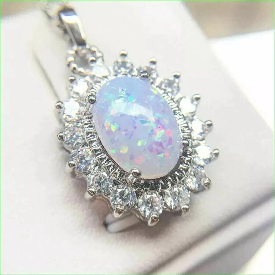 3Ct овальной огранки лаборатории создал огонь опал Halo подвеска 14K белое золото покрытием 18 + цепочка. - Изображение 4 из 4