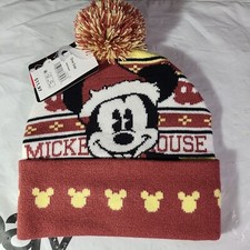 NWT Disney Mickey Mouse Pom Pom Winter Beanie Hat OSFM Brown White Yellow