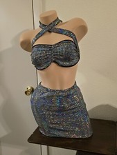 Exotic Dancewear Club Wear Sparkling Metallic Cross Over Top With Skirt