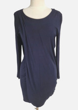 PREMISE Womens Faux Wrap Knee Length Dress Size M Navy Blue Crew Neck Long SLV