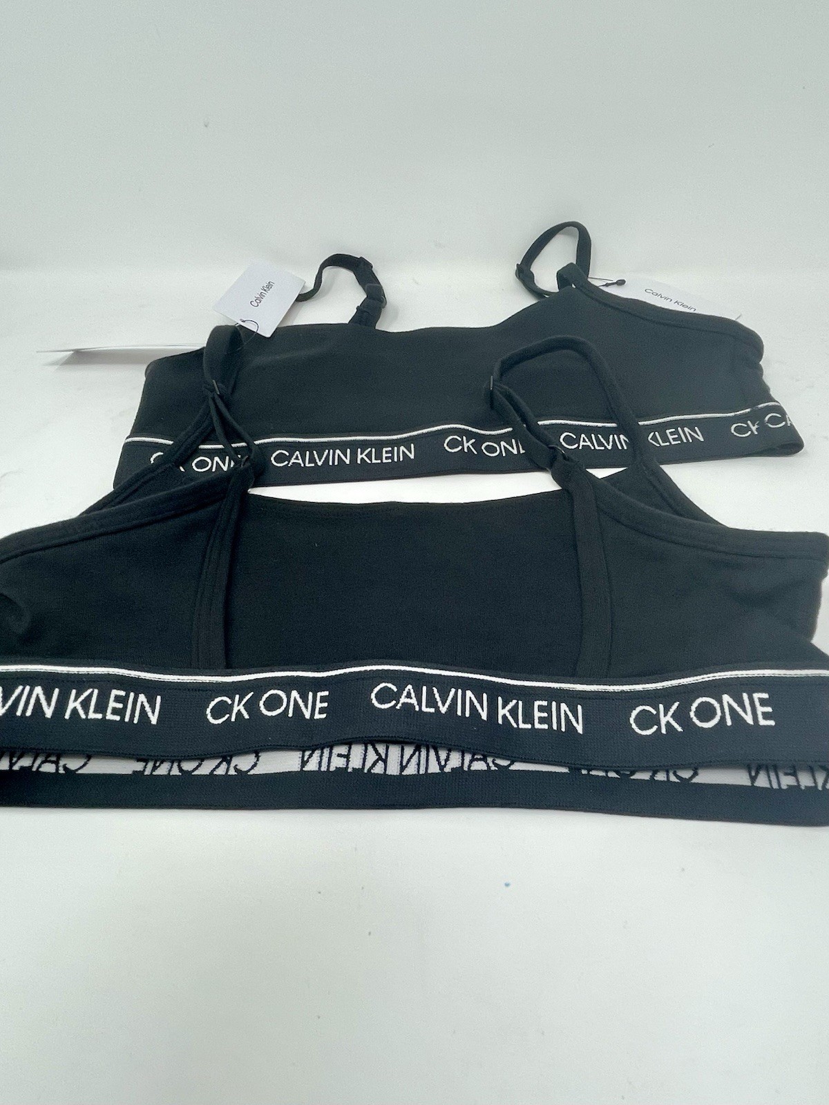 CK One Lot 2 Unlined Bralettes Size Small Black Logo Adjustable Brand NWT thumbnail 4