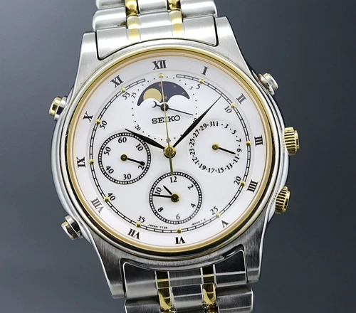 Vintage [Near MINT] SEIKO 7T36-6A80 Chronograph Moon Phase Quartz New battery