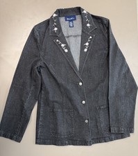 Vintage Embroidered Denim Jacket Women  s Medium Black Floral Cottagecore