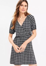 Loft Black White Plaid Puff Sleeve Faux Wrap Fit & Flare Dress Sz S
