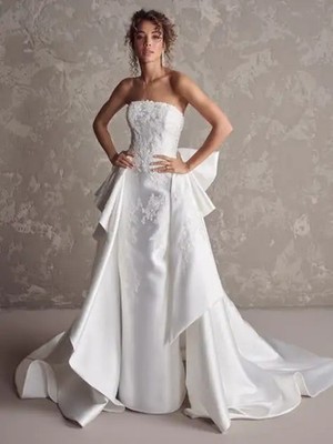 Lace Beaded Strapless Wedding Dresses Detachable Tail Satin Bridal Gowns